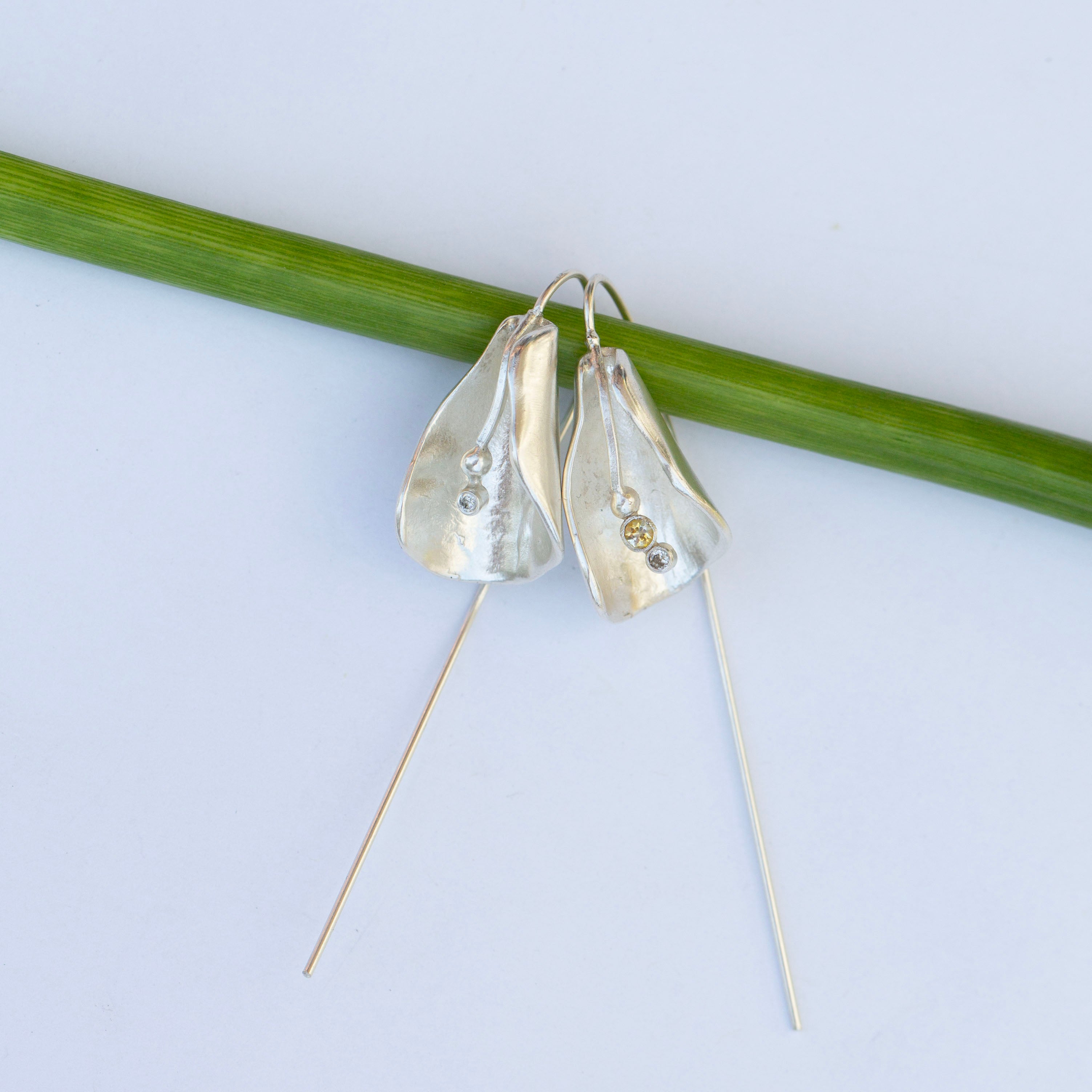 Calla Lily Earrings, Diamond & Sapphire