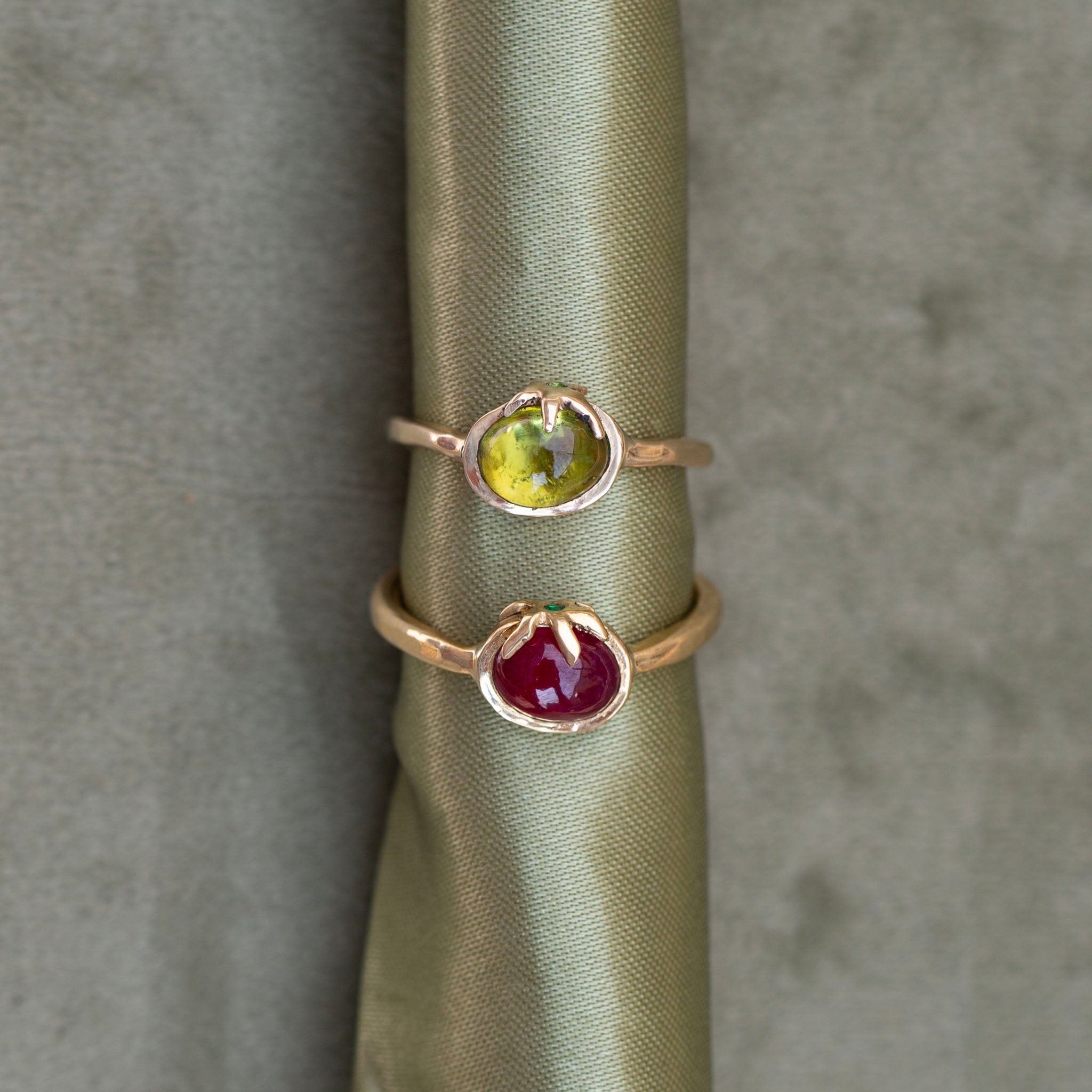 Tomato Ring, 14k Peridot & Tsavorite