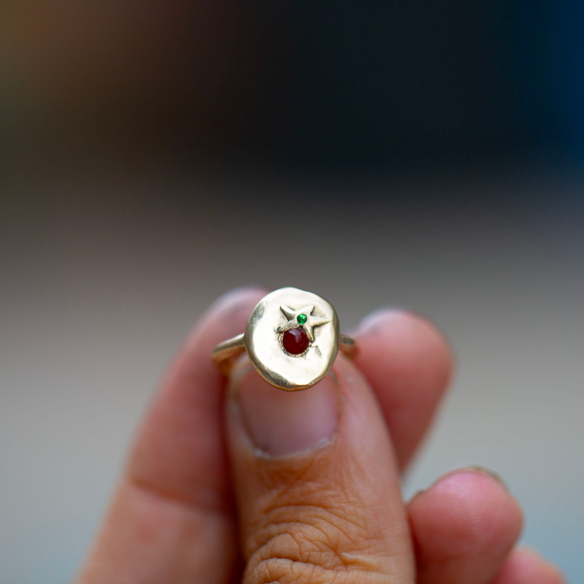 Cherry Tomato Signet, 14k Carnelian & Tsavorite