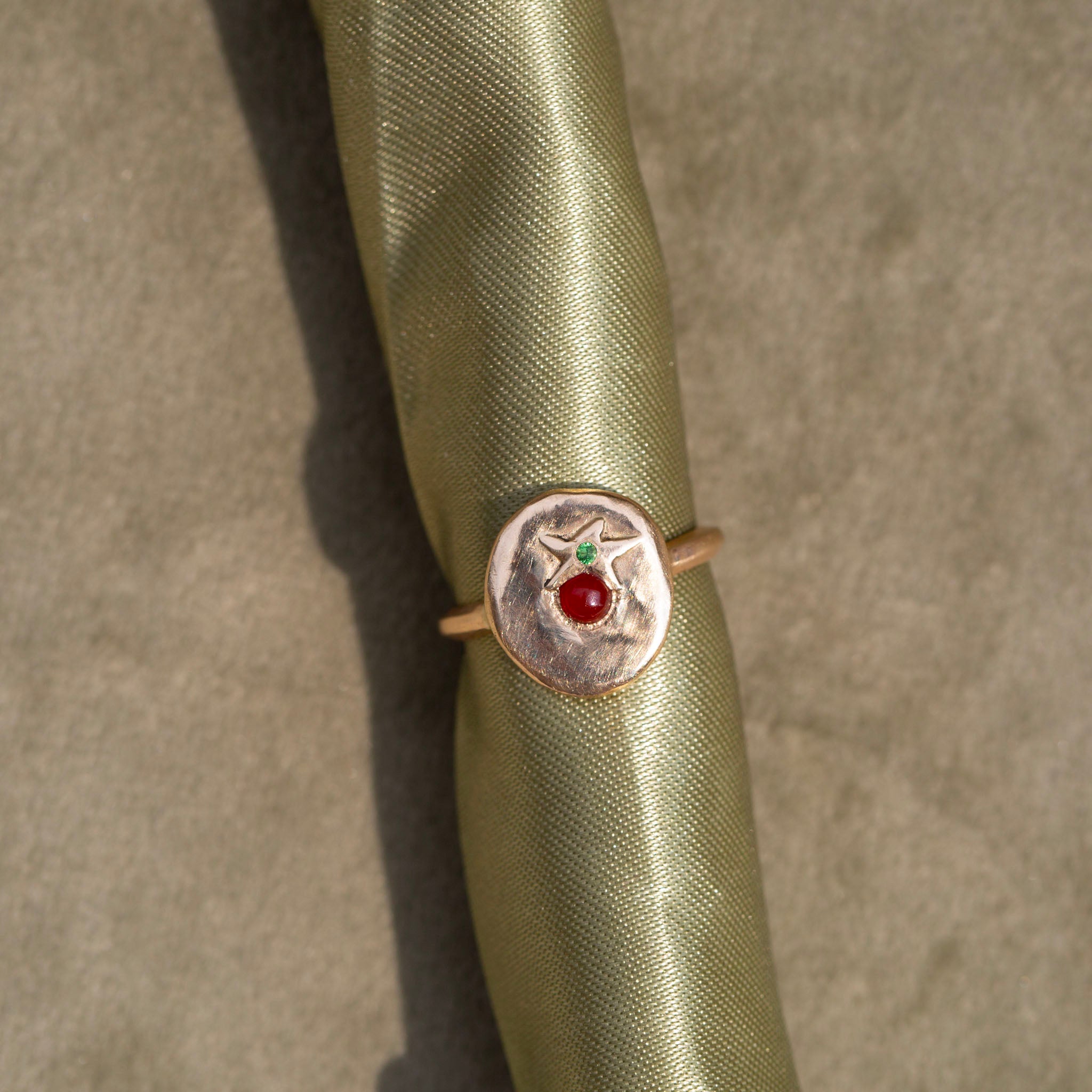 Cherry Tomato Signet, 14k Carnelian & Tsavorite