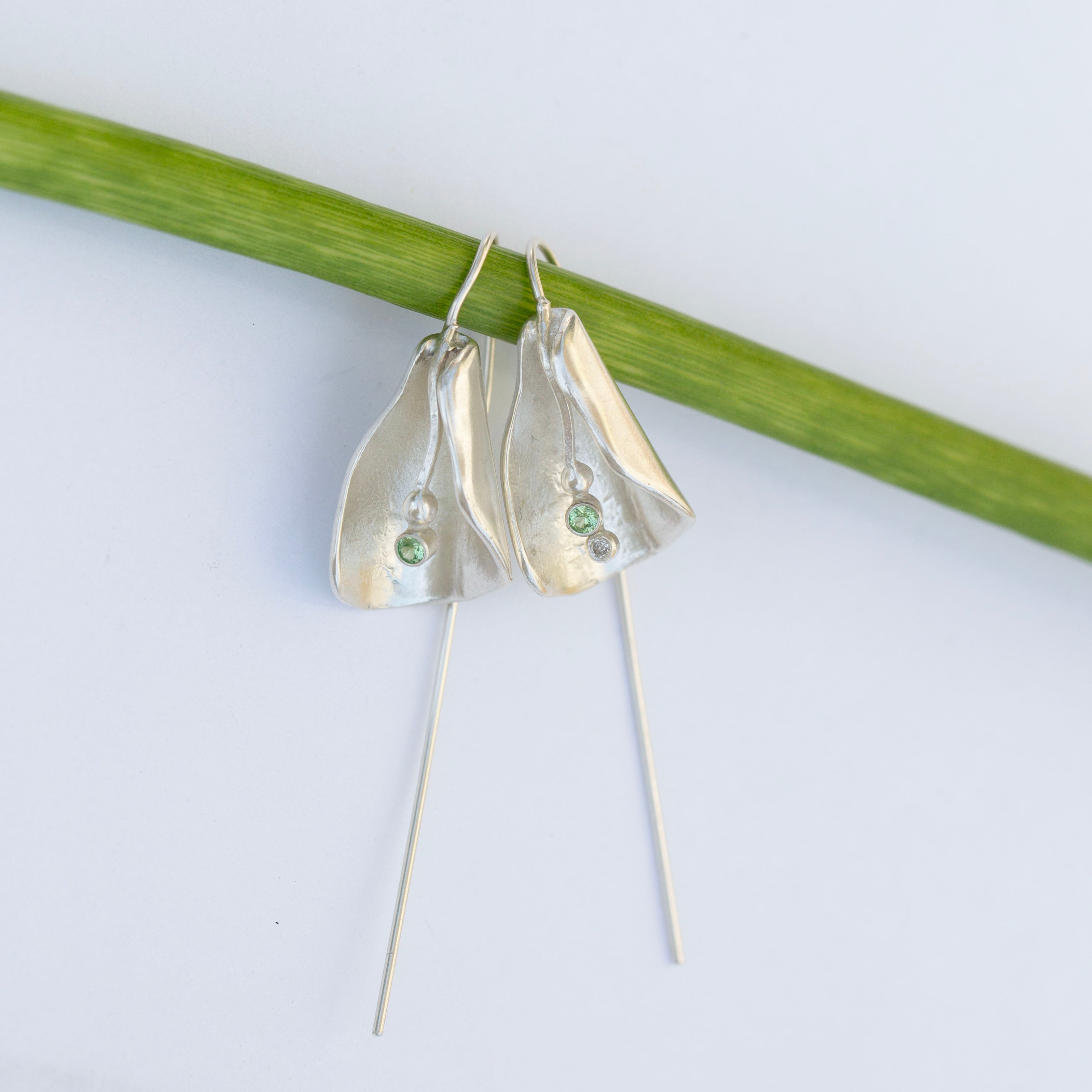 Calla Lily Earrings, Green Garnet & Diamond