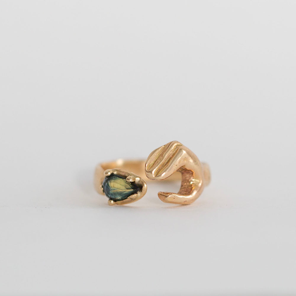 Hand holding Sapphire, Gold Ring