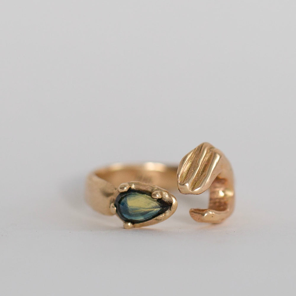 Hand holding Sapphire, Gold Ring