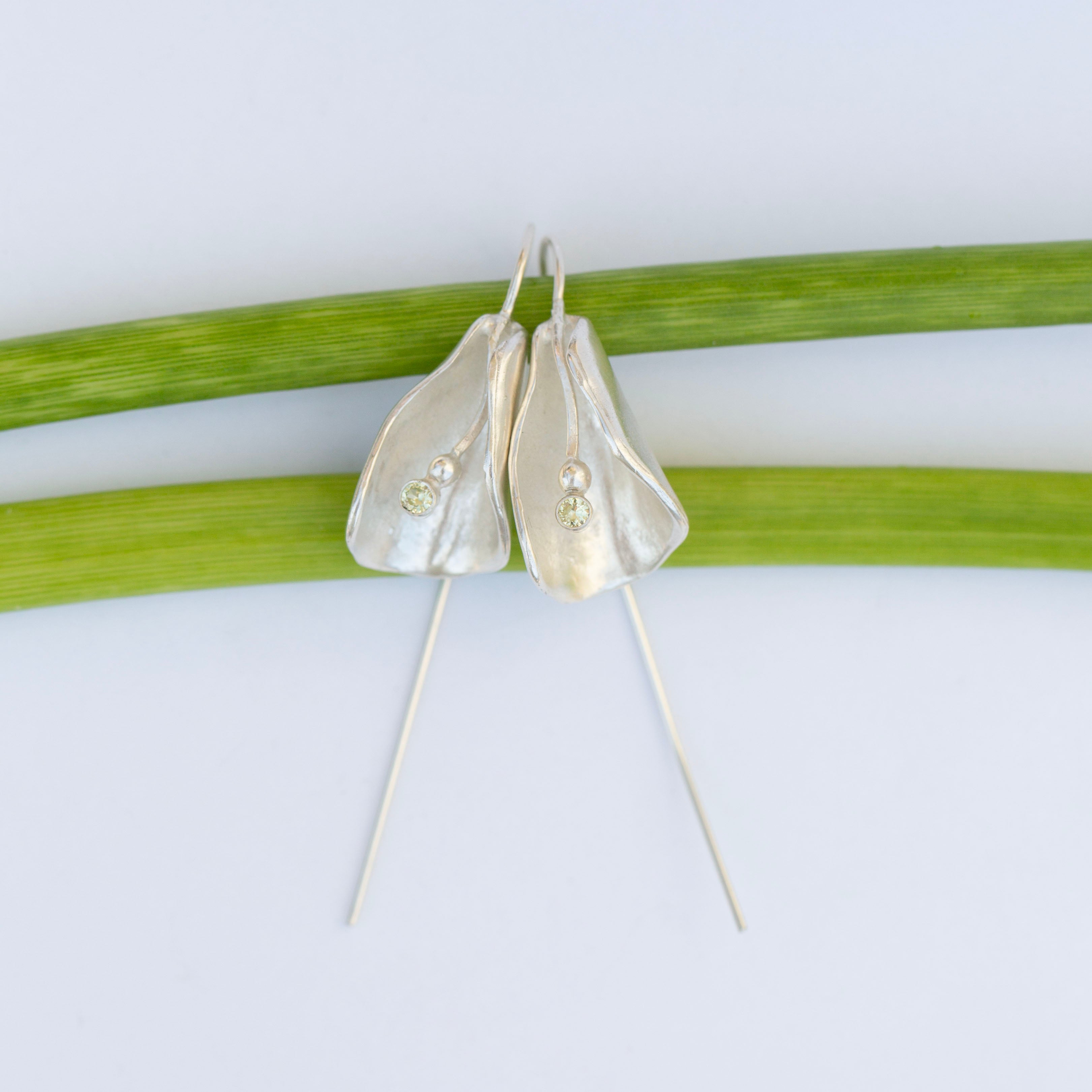 Calla Lily Earrings, Light Green Sapphire