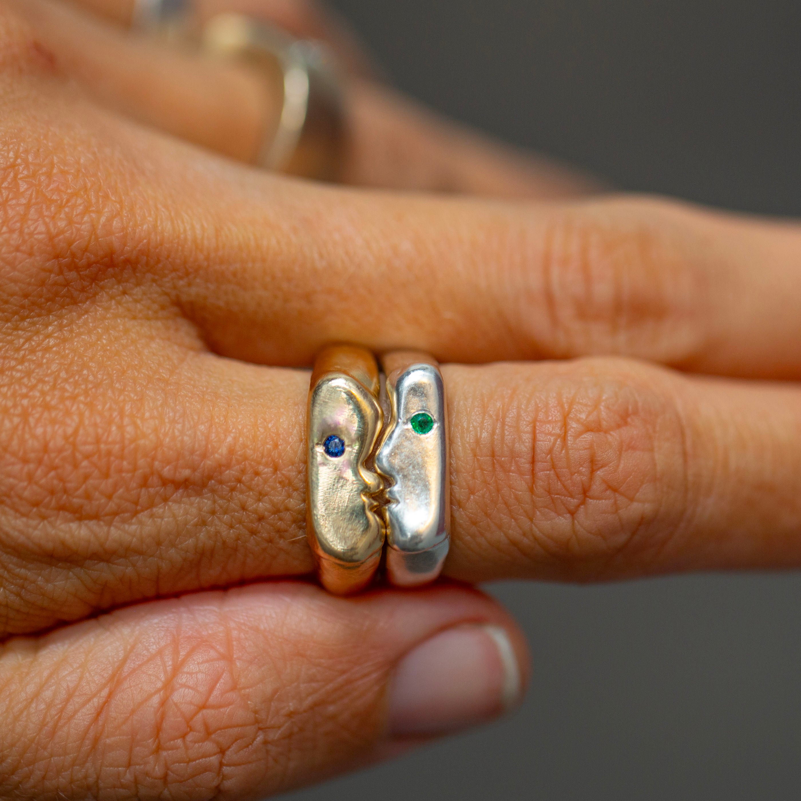 *Sample* 14k & Silver Kiss rings, Emerald and Sapphire
