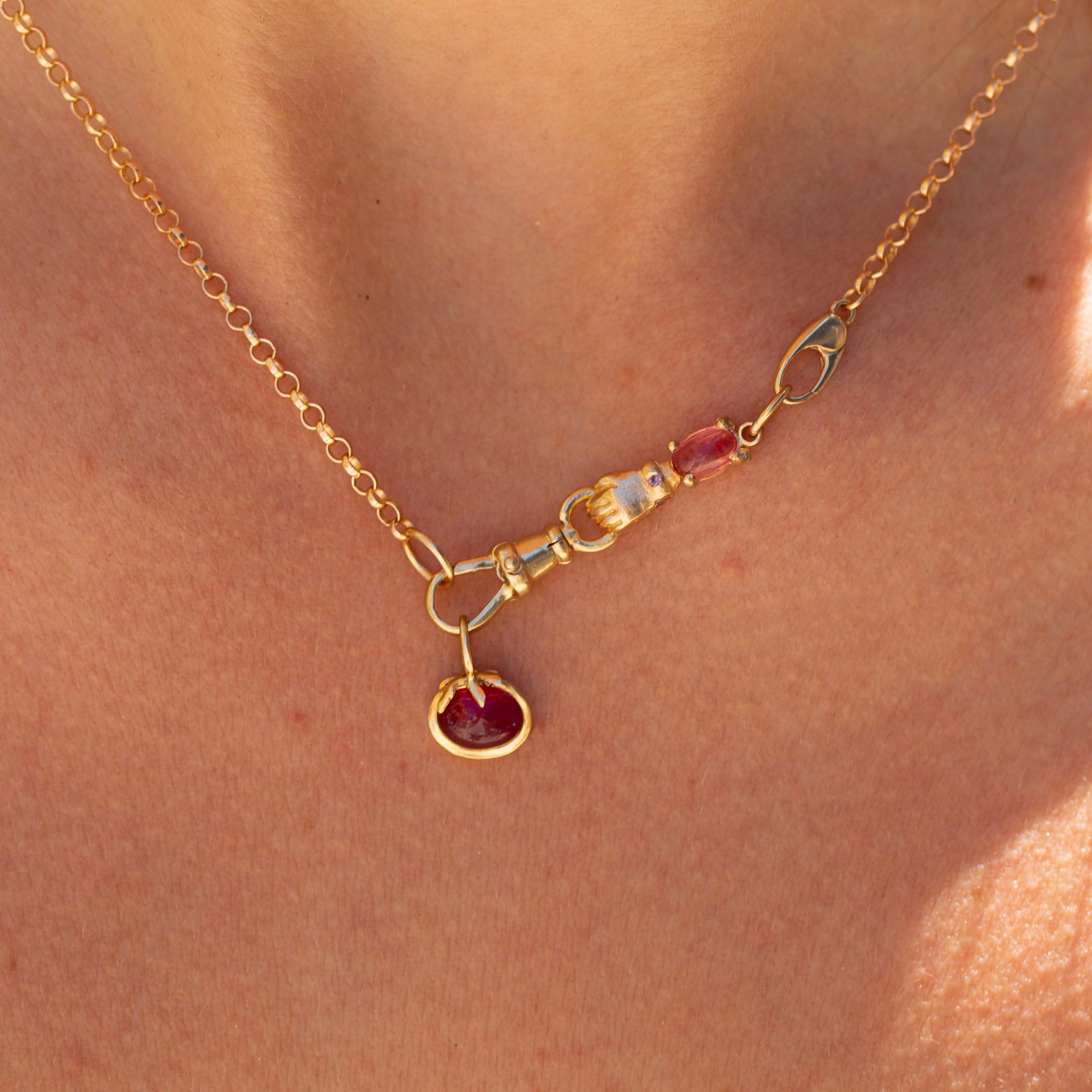 Pink Spinel, Tourmaline and Sapphire Hand Connector, 14K