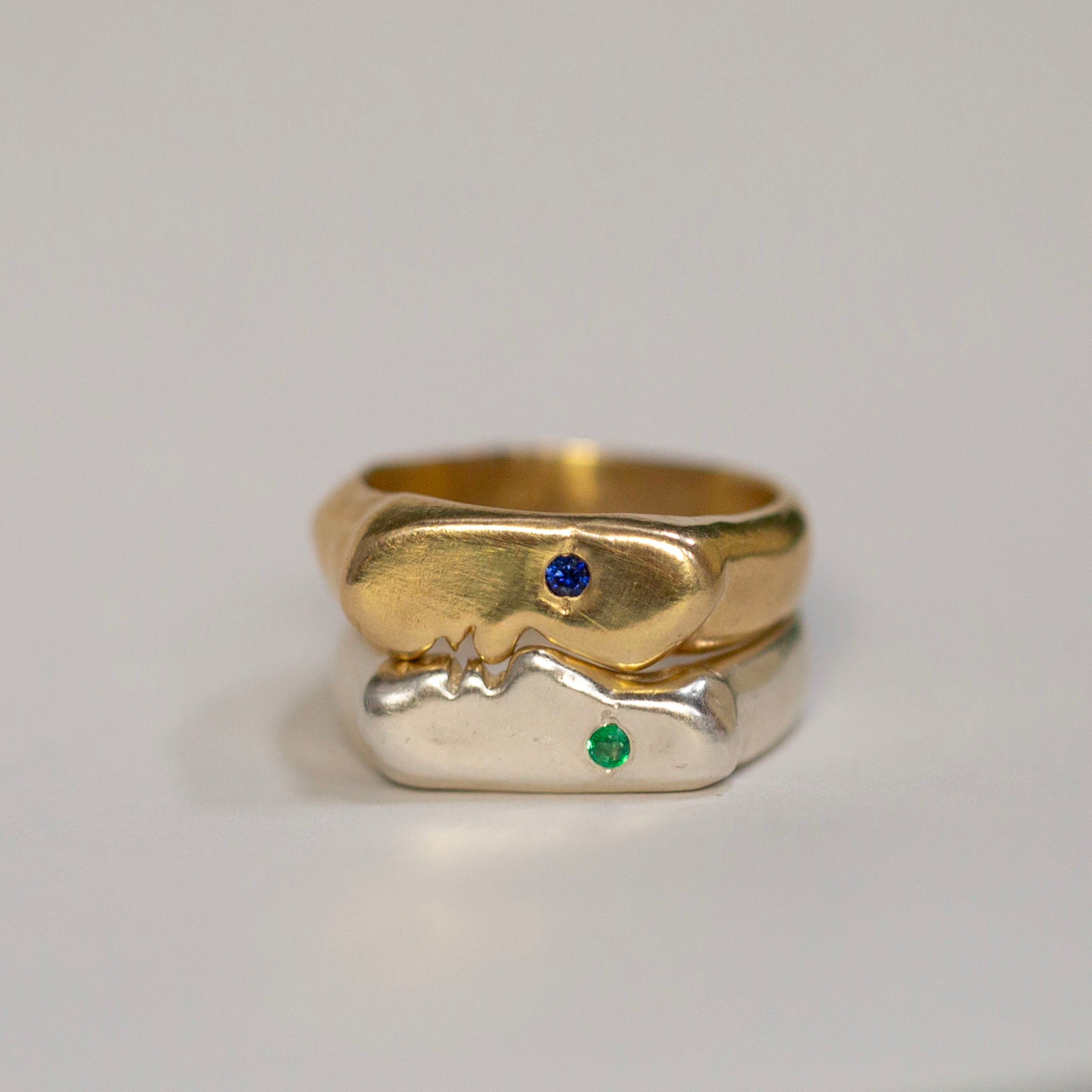 *Sample* 14k & Silver Kiss rings, Emerald and Sapphire