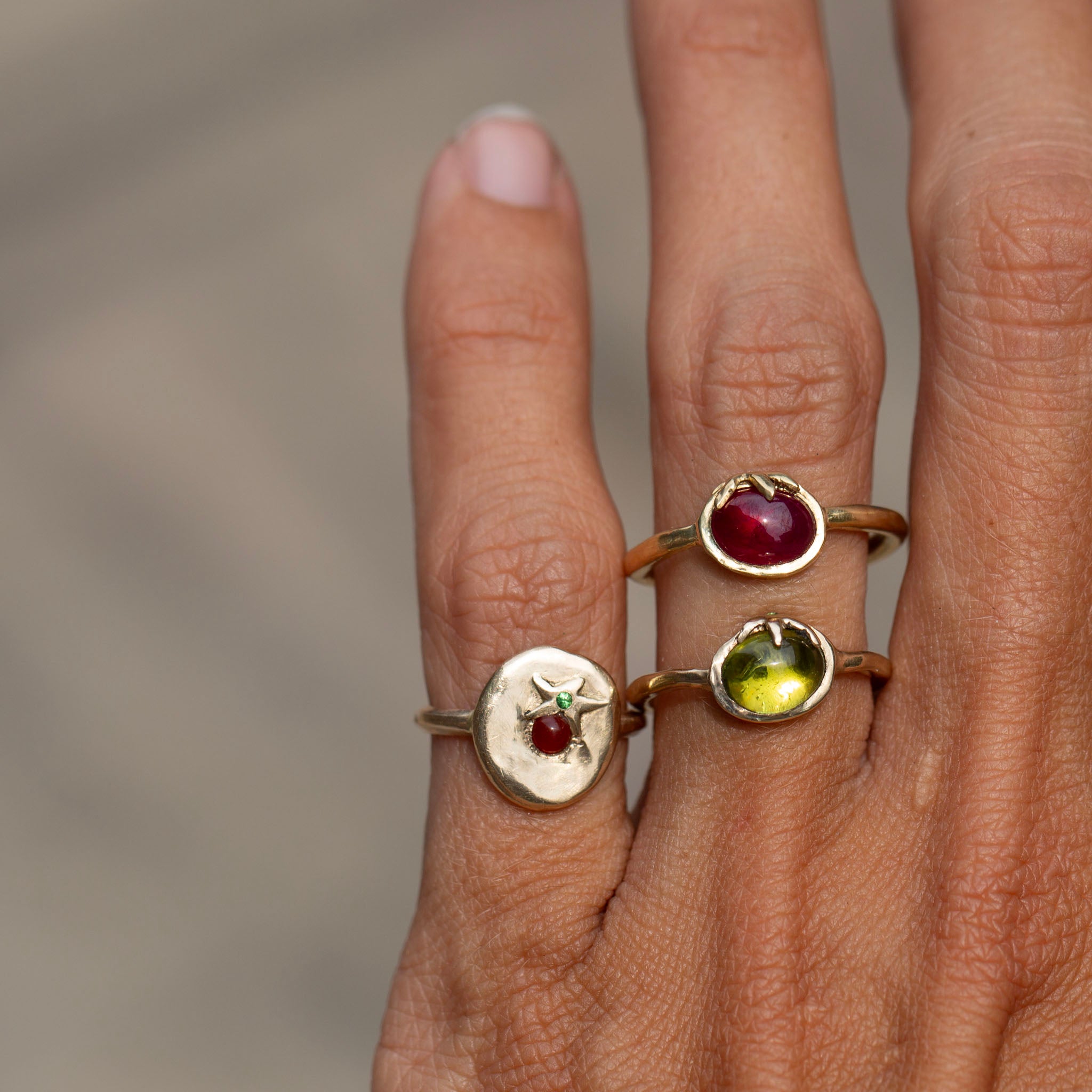 Cherry Tomato Signet, 14k Carnelian & Tsavorite