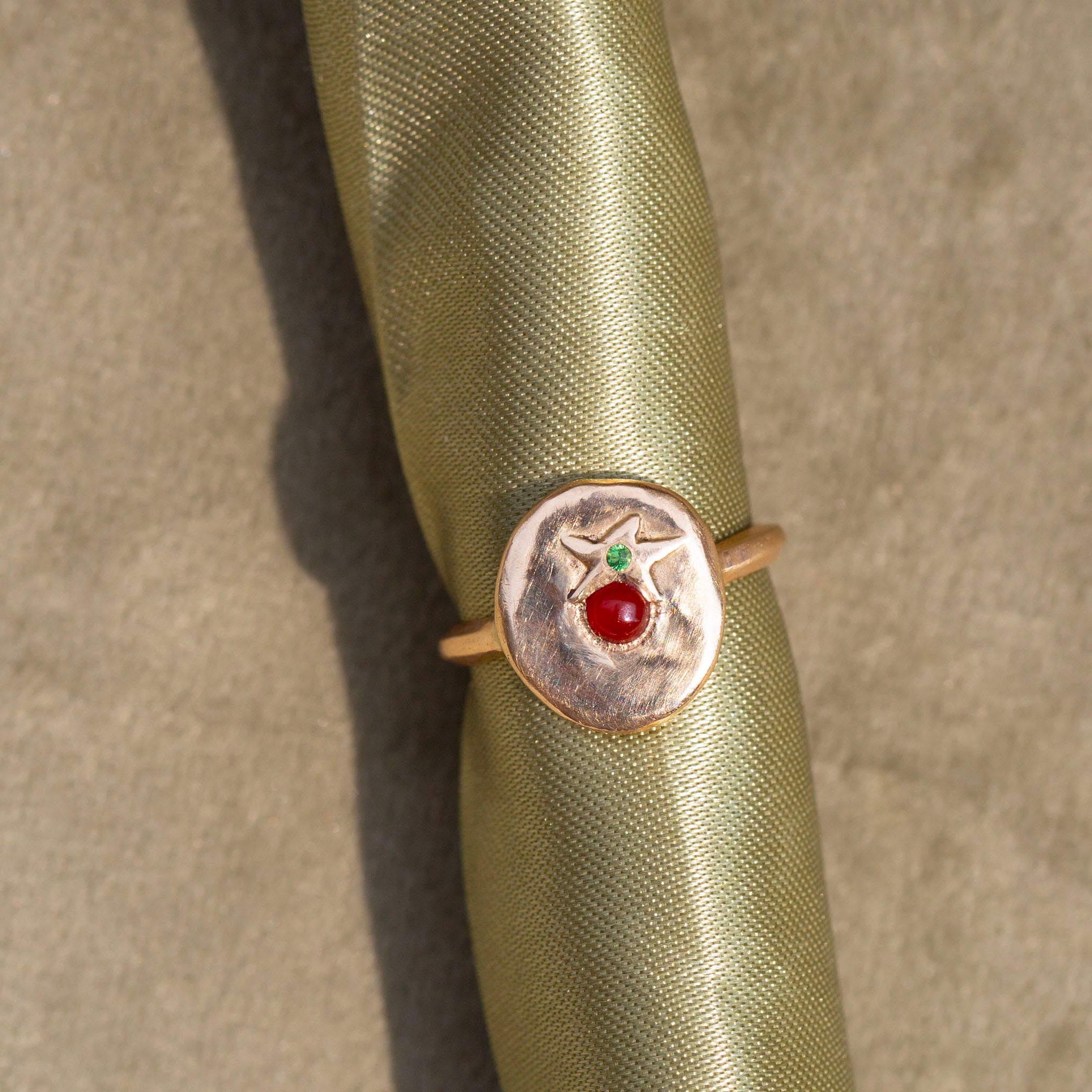 Cherry Tomato Signet, 14k Carnelian & Tsavorite